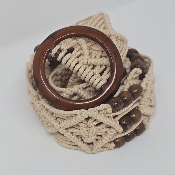 Woven Macrame Boho Belt with Wood Beads and Brown Tortoiseshell Buckle - Picture 8 of 10